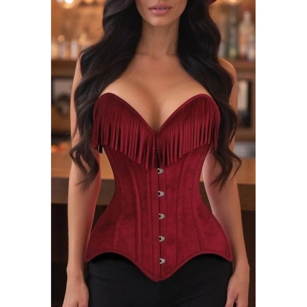 Daisy Red Limited Denim Steel Boned Overbust Western Corset Top W/Fringe NEW XS